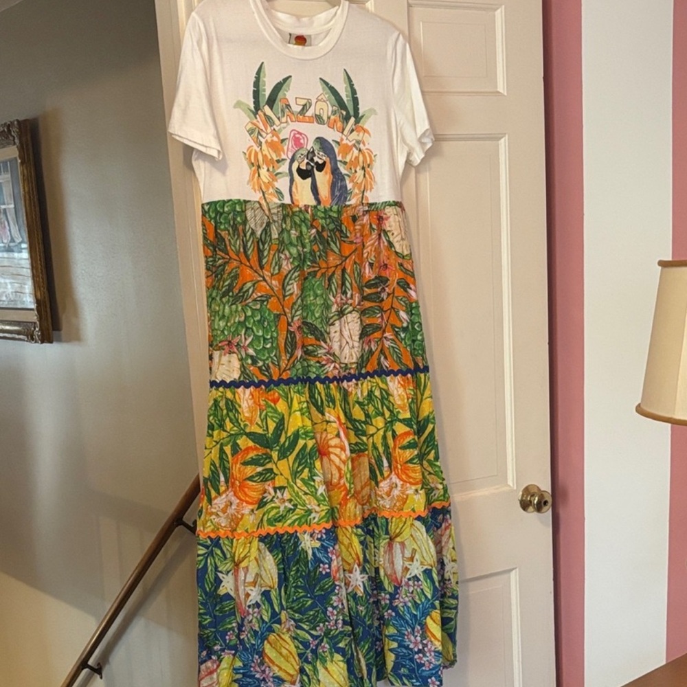 FARM Rio White Tee Top Multicolor Tropical Maxi Dress - Picture 2 of 2
